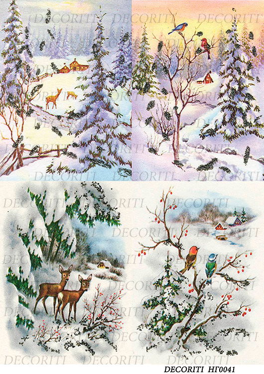Рисовая бумага с рисунком DECORITI НГ0041, формат А4, Зимний лес, оленята и птички, НГ0041 в магазине Арт-Леди