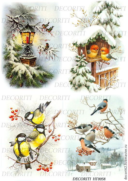 Рисовая бумага с рисунком DECORITI НГ0058, формат А4, Зимние птички, НГ0058 в магазине Арт-Леди