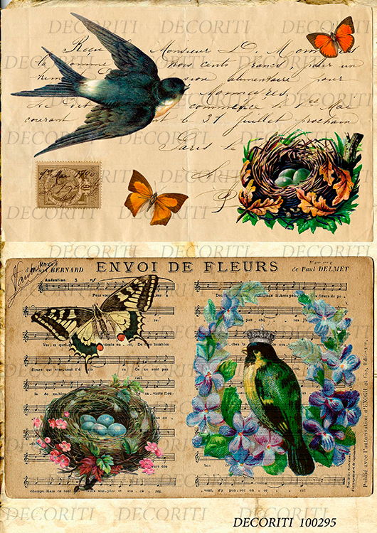 Рисовая бумага с рисунком DECORITI 100295, формат А4, Старые открытки с птицами, D100295 в магазине Арт-Леди