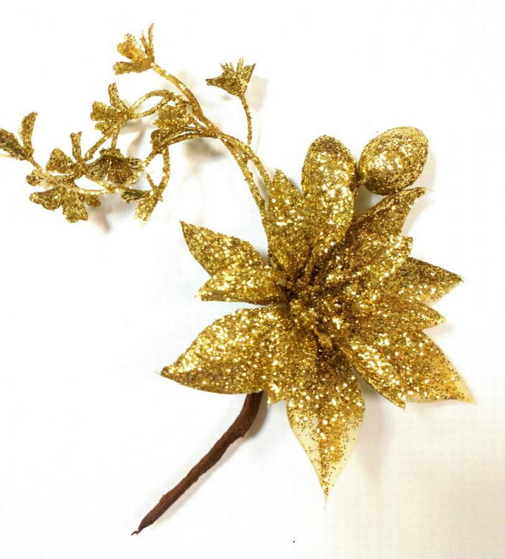 Новогодняя вставка PY870 (веточка с цветком в золотом глиттере) в магазине Арт-Леди