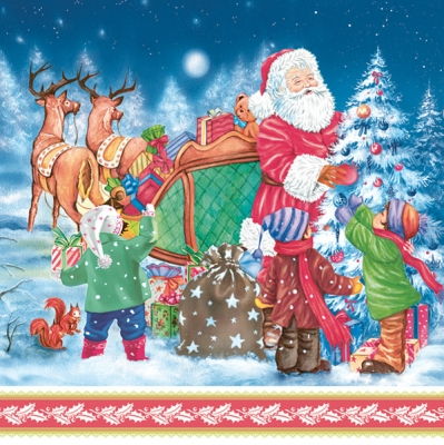 Салфетка для декупажа  33*33 см "Дед мороз и дети наряжают елку", 1 шт, 005901 в магазине Арт-Леди